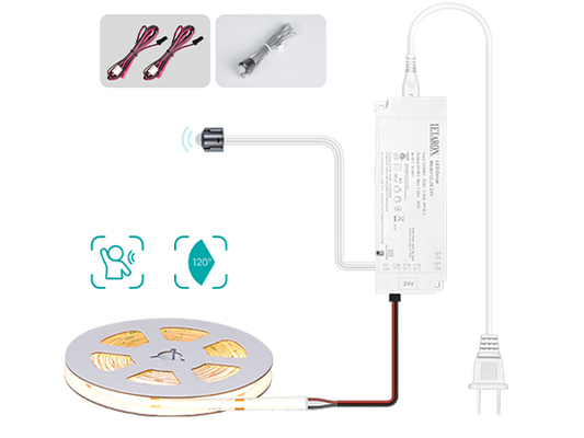 LETARON COB LED Streifenlicht 24V LED-Bandlicht, 480 LEDs/M, superhelles High Lumen 3000K Warmweiß 3m, dimmbar mit 3M Klebeband, 30W UL Netzteil, PIR-SCHALTER für Schlafzimmer, Zuhause, Küche DIY