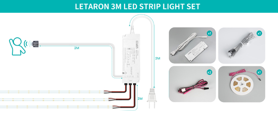 LETARON COB LED Streifenlicht 24V LED-Bandlicht, 480 LEDs/M, Superhelles High Lumen 6000K Weiß 3m, Dimmbar mit 3M Klebeband, 30W UL Netzteil, TOUCH SCHALTER für Schlafzimmer, Zuhause, Küche DIY