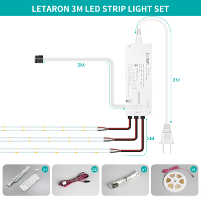 LETARON COB LED Streifenlicht 24V LED-Bandlicht, 480 LEDs/M, Superhelles High Lumen 6000K Weiß 3m, Dimmbar mit 3M Klebeband, 30W UL Netzteil, TOUCH SCHALTER für Schlafzimmer, Zuhause, Küche DIY