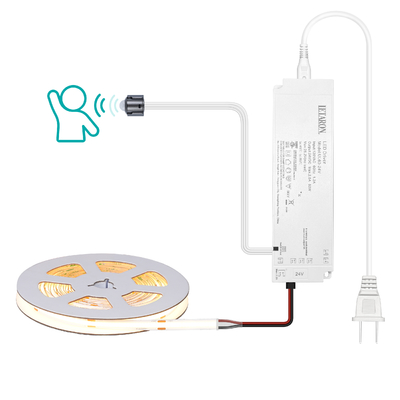 LETARON COB LED-Streifenlicht 24V LED-Bandlicht, 480 LEDs/m, superhelles High-Lumen 3000K Warmweiß 5m, dimmbar mit 5m Klebeband, 60W UL-Netzteil, PIR-SCHALTER für Schlafzimmer, Zuhause, Küche DIY